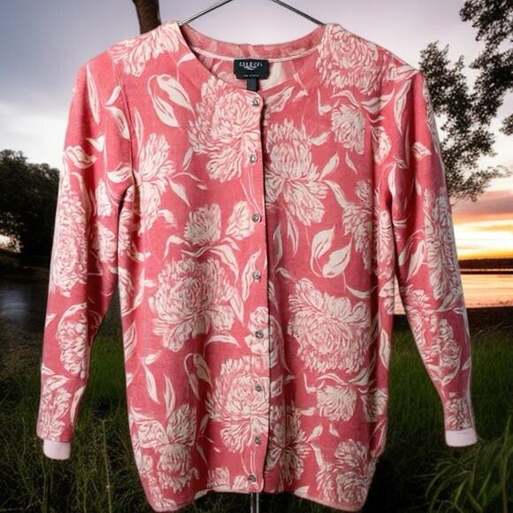 Talbots NWOT Pink and Cream 100% Cashmere Floral Cardigan Size Large - Picture 7 of 7